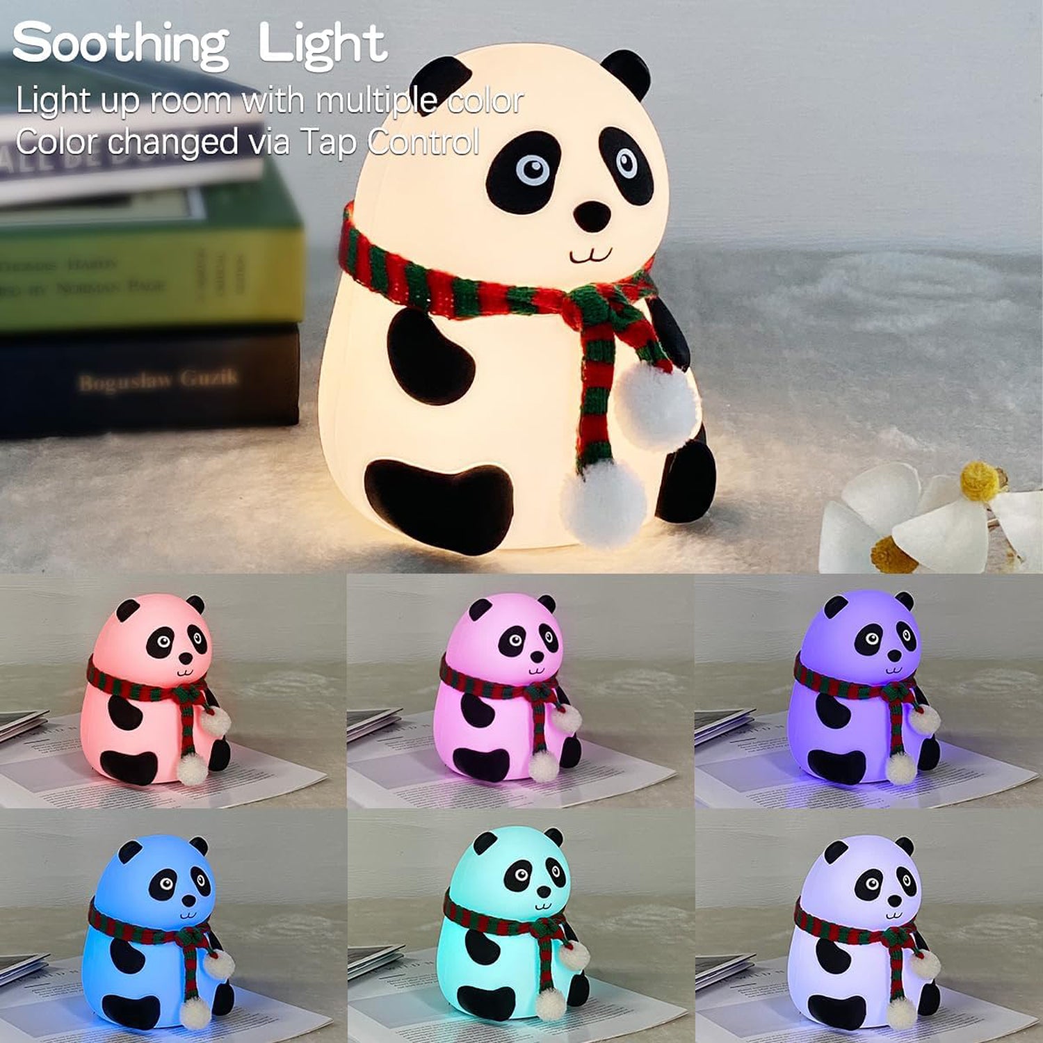 Wukusy Panda 7-color LED silicone touch lamp for office, featuring colorful adjustable lighting on a sleek panda-shaped design.
