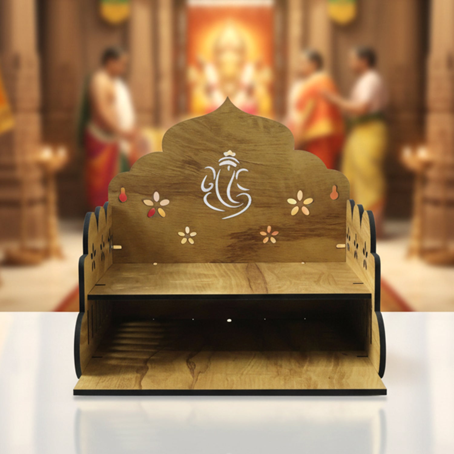 Wooden temple style home mandir stand for pooja by Wukusy, featuring traditional craftsmanship and detailed woodwork.