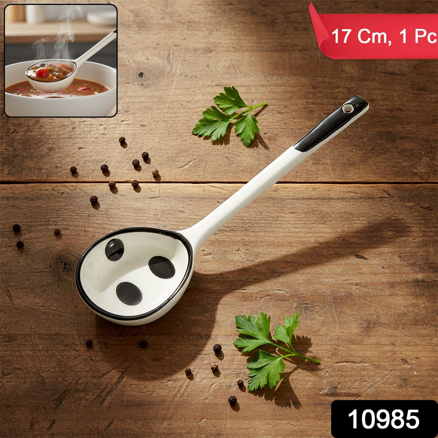 Wukusy premium 17 cm heat-resistant ceramic soup ladle with a long handle and deep bowl for serving hot soups and stews