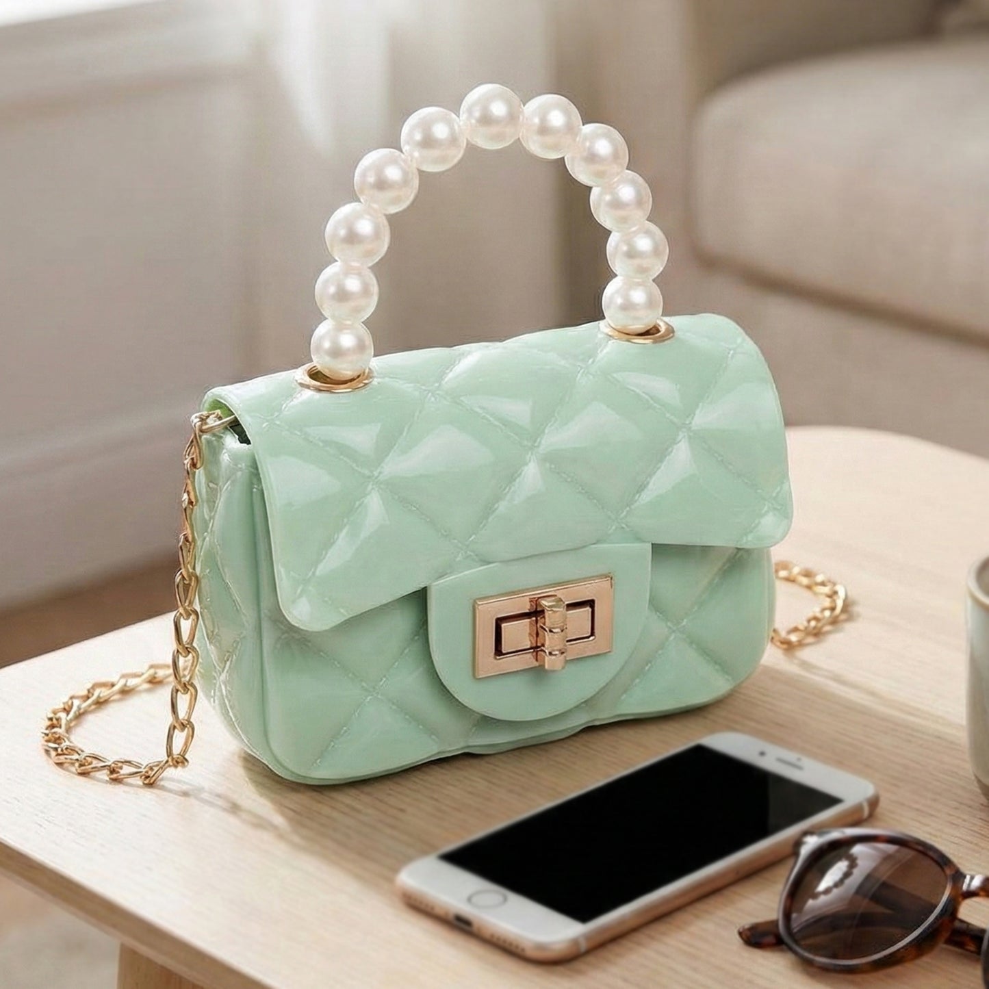 Wukusy elegant quilted mini handbag with sling strap, stylish handheld fashion purse in black fabric with gold accents.