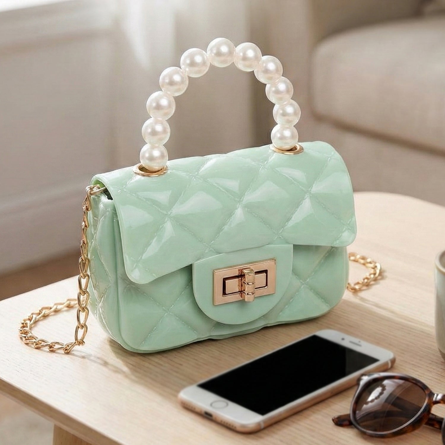 Wukusy elegant quilted mini handbag with sling strap, stylish handheld fashion purse in black fabric with gold accents.