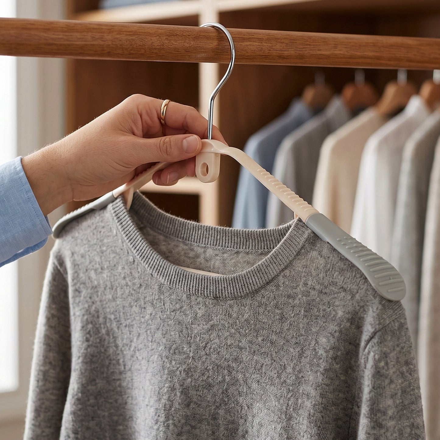 Set of five durable plastic clothes hangers from Wukusy, featuring smooth edges and sturdy design for clothing organization.
