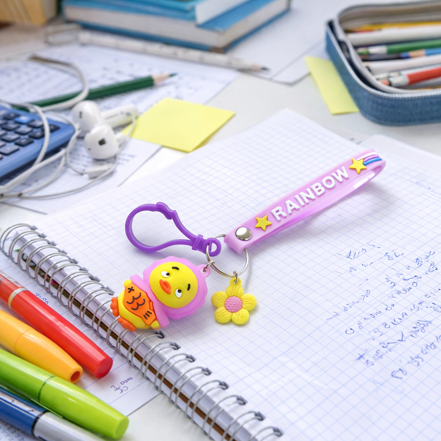 Colorful cartoon duck keychain with rainbow strap by Wukusy, featuring a cute duck design on a vibrant keyring.