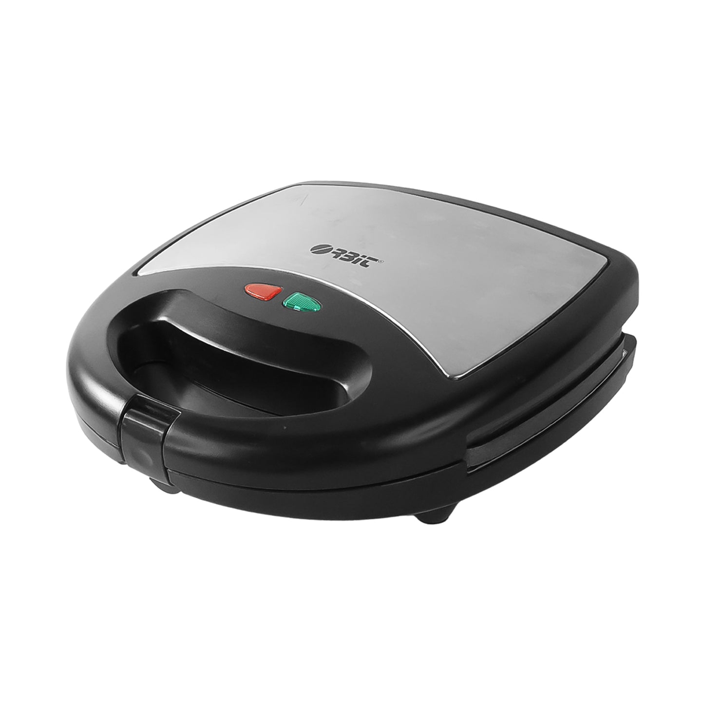 Wukusy Orbit sandwich maker with interchangeable plates, 800W, showing the compact appliance with different plate options for sandwiches.