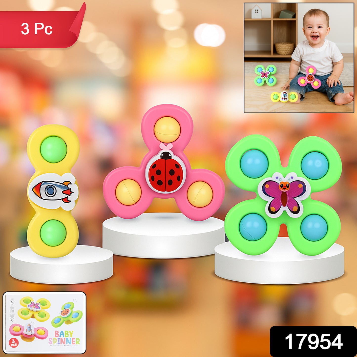 Wukusy color baby spinner toy set with three suction cup sensory spin toys for infants and toddler sensory play.