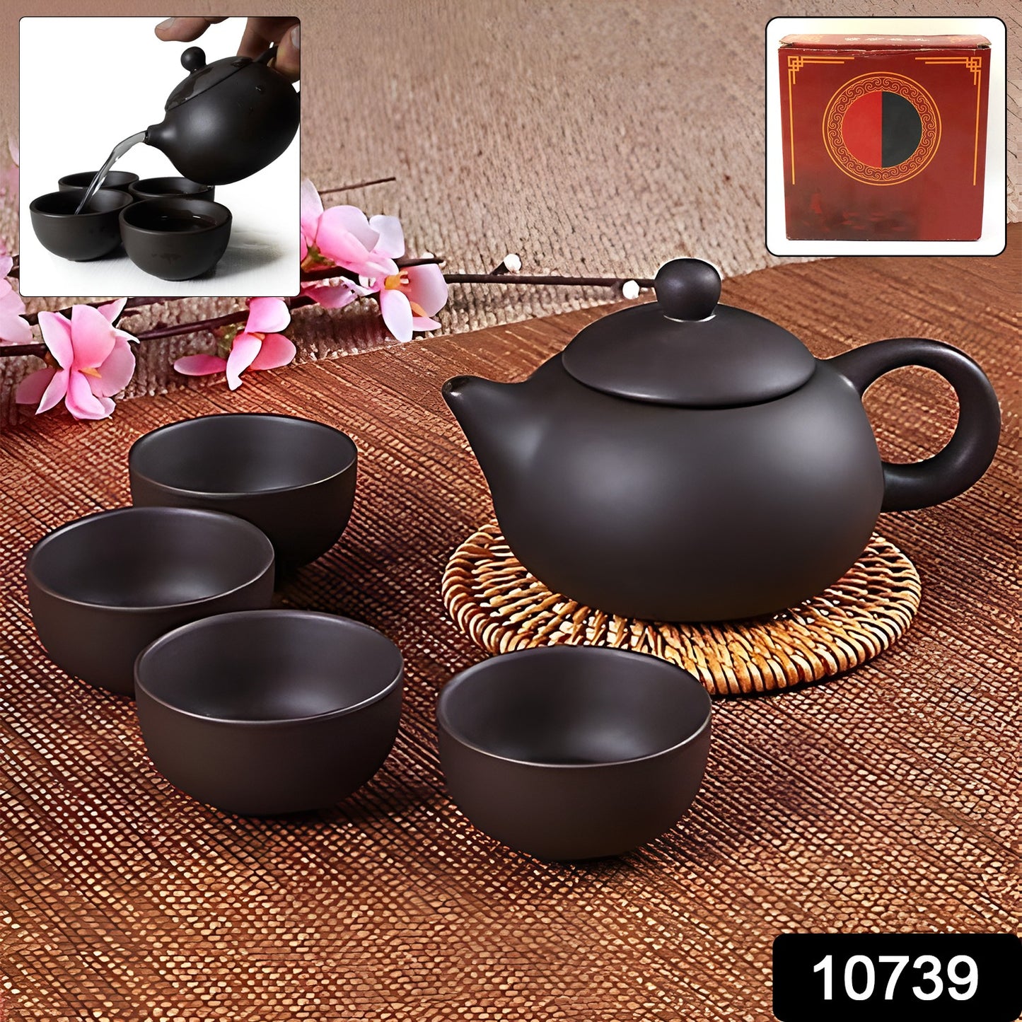 Black clay ceramic tea set with teapot and four cups, Wukusy Premium Black Clay Tea Set for home and kitchen use