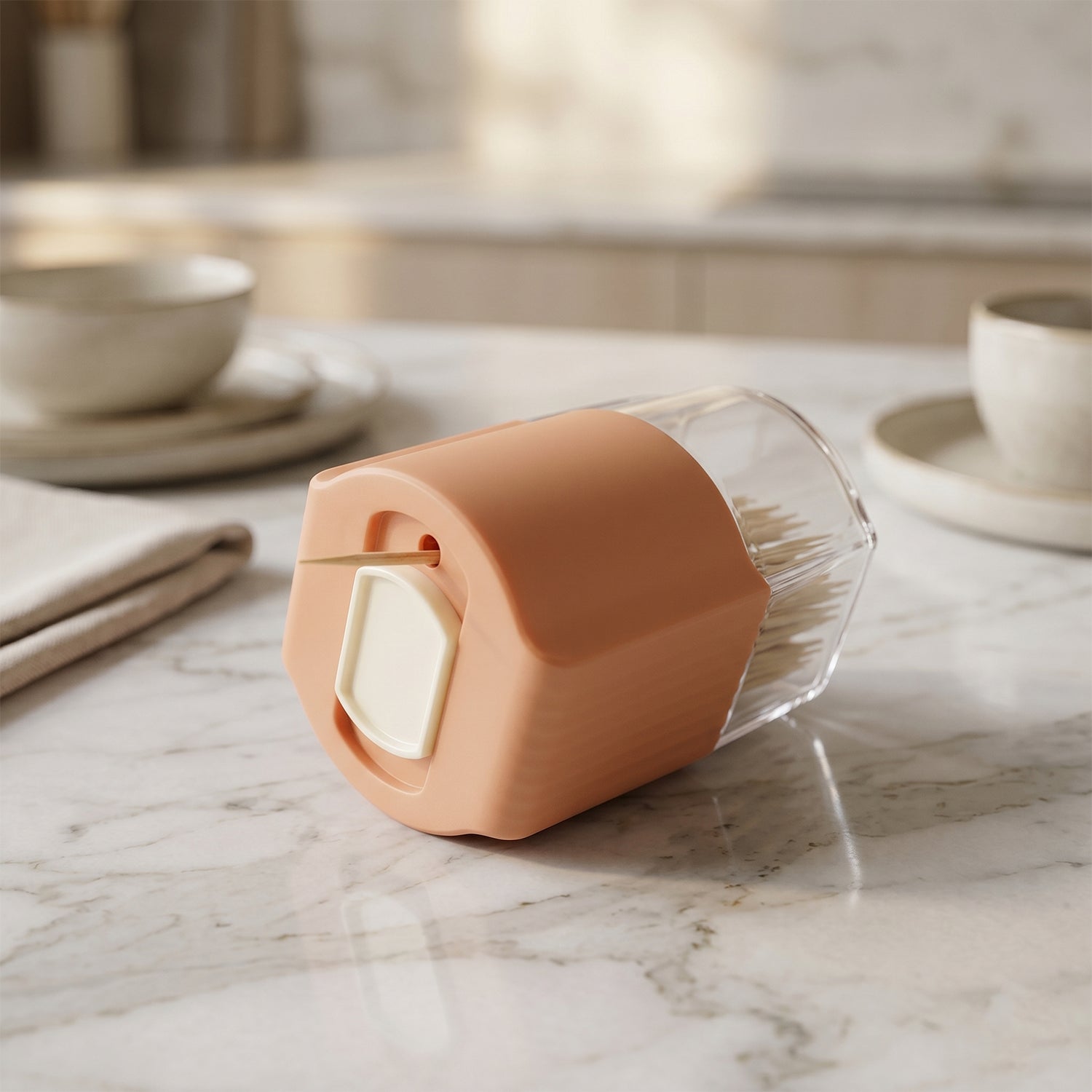 Wukusy automatic toothpick dispenser box set on dining table, pop-up holder with multiple toothpicks for convenient use