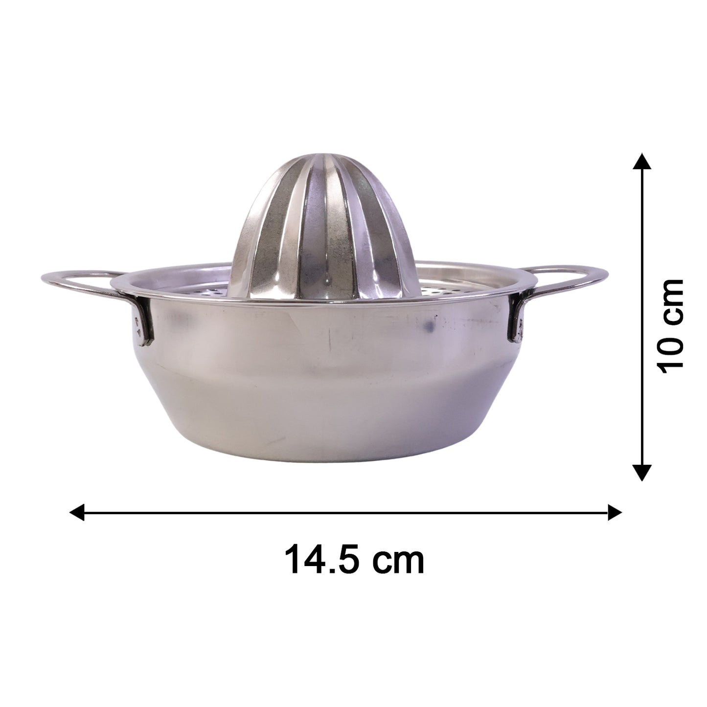 Wukusy stainless steel citrus juicer with manual hand press for fresh juice extraction, showcasing the juicer and hand press in use.