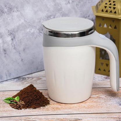 Wukusy 5545 Stirring Coffee Mug with magnetic mixing, stainless steel, battery operated, ideal for coffee, milk, or hot chocolate.