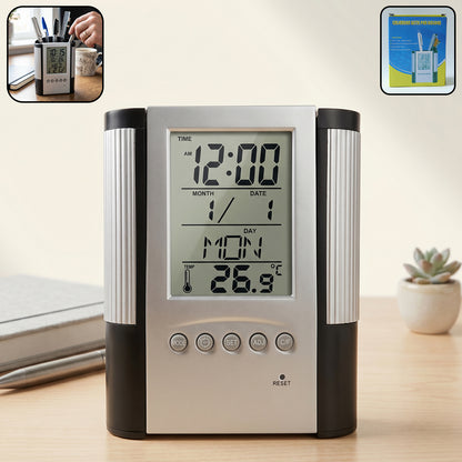 Digital calendar desk clock with pen holder by Wukusy, featuring a sleek display and convenient pen storage on top.