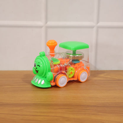 Kids Wukusy musical light-up transparent train toy with colorful lights and moving parts, designed for young children.