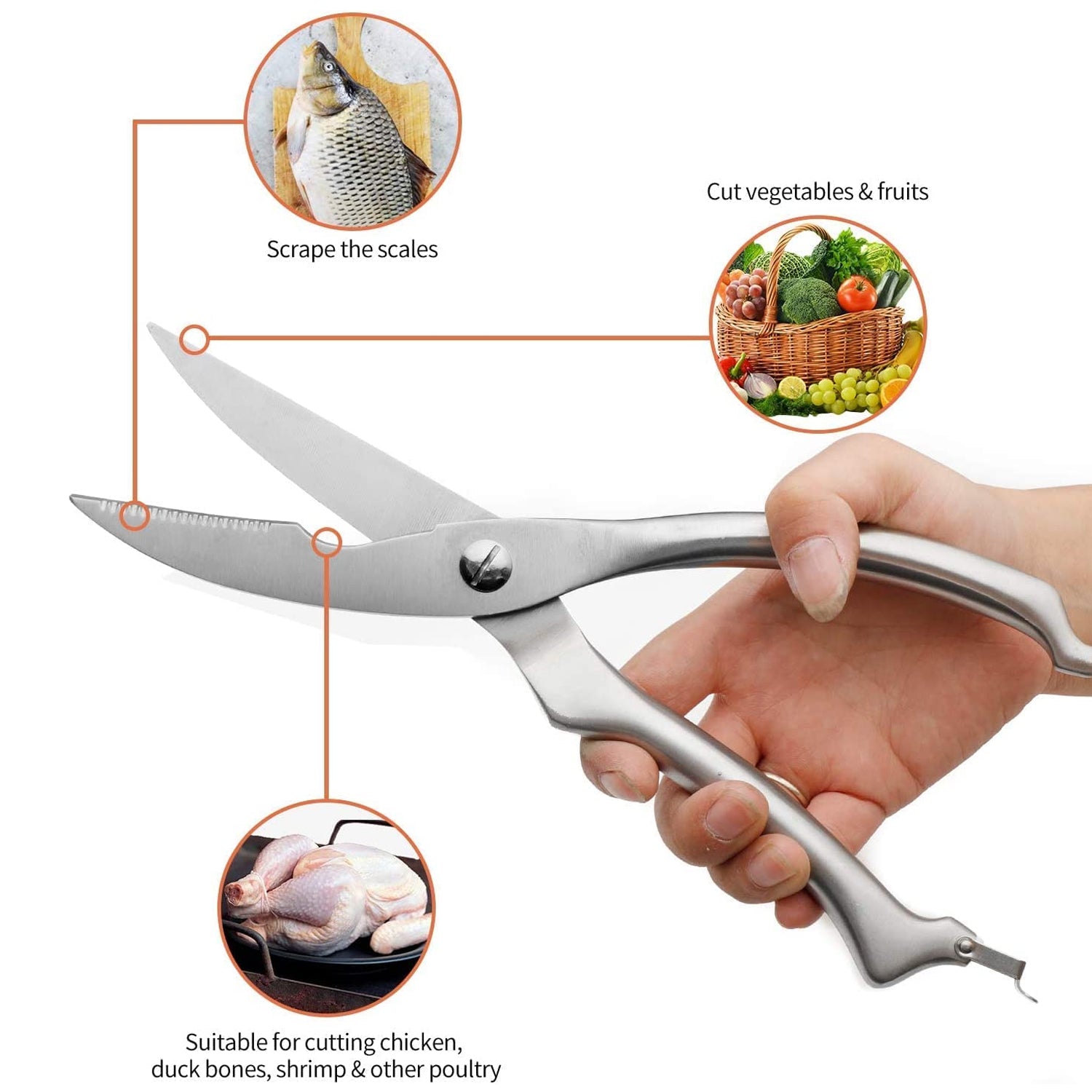 Wukusy heavy-duty stainless steel poultry shears with ultra-sharp blades and spring-loaded handles for kitchen use
