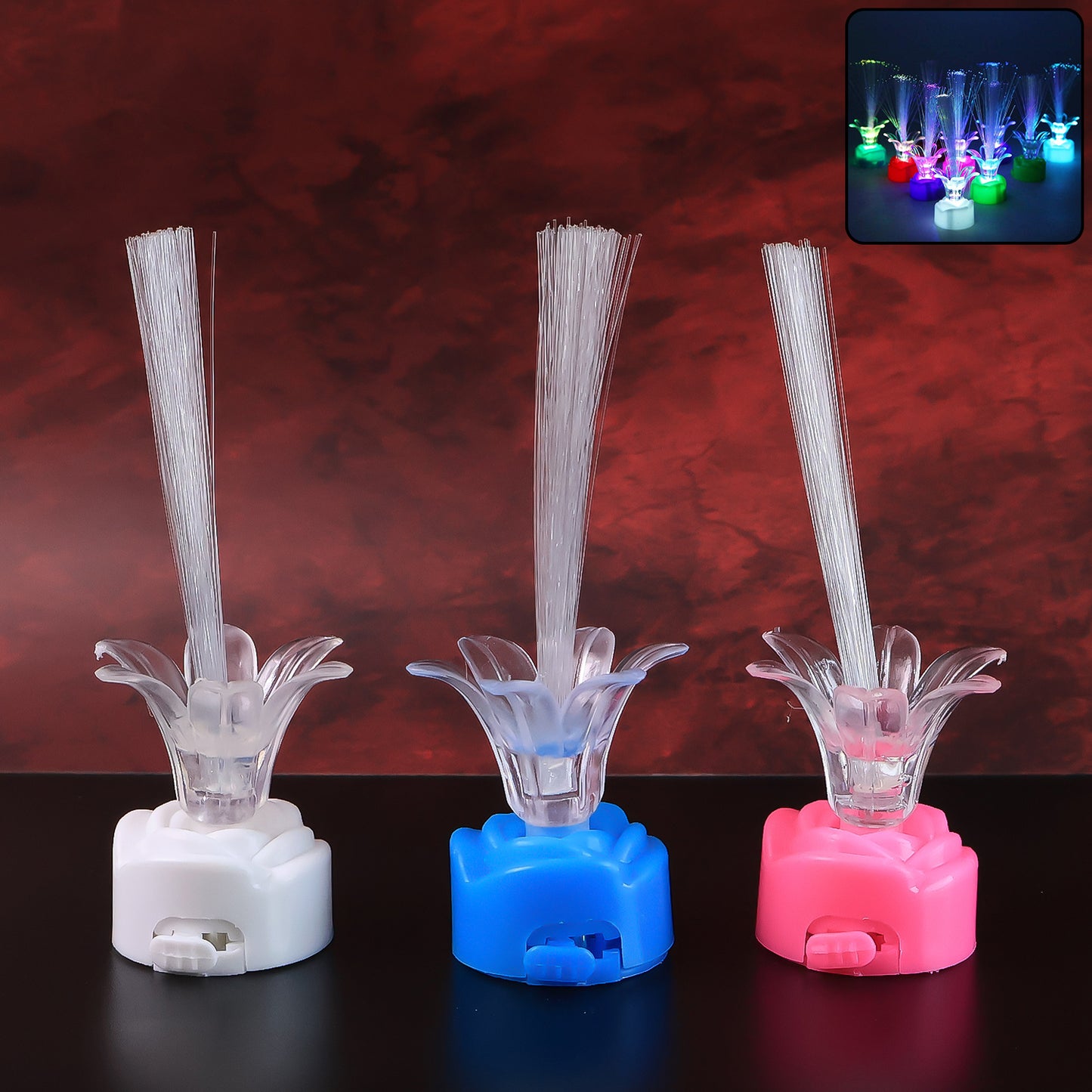 Multi-color LED fiber optic flower night lamps by Wukusy, three-piece set with vibrant, glowing flowers for home decor.