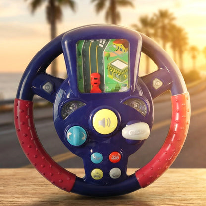 Wukusy musical steering wheel driving toy for kids, featuring colorful buttons and a realistic car steering wheel design.