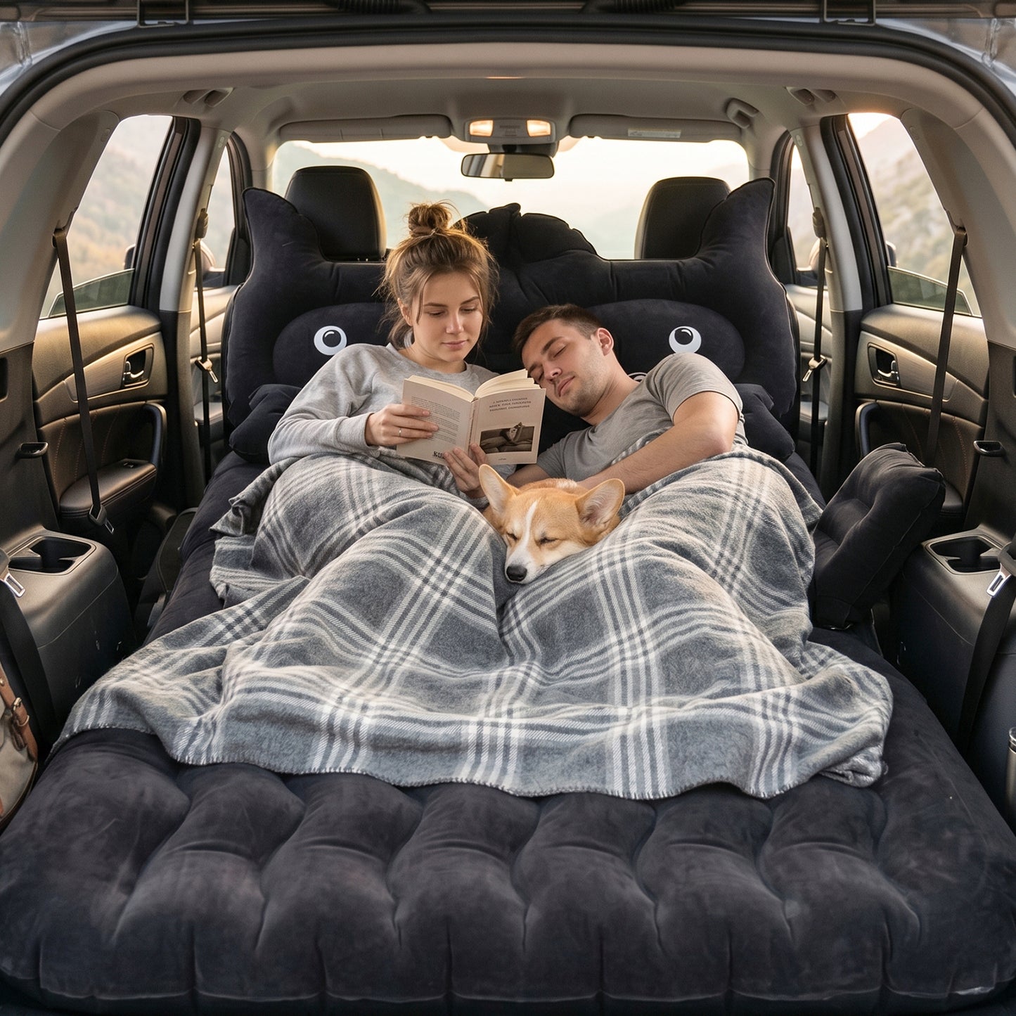 Wukusy cute car air mattress set with a black cat pillow, designed for comfortable sleeping during travel.