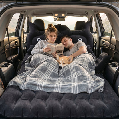 Wukusy cute car air mattress set with a black cat pillow, designed for comfortable sleeping during travel.