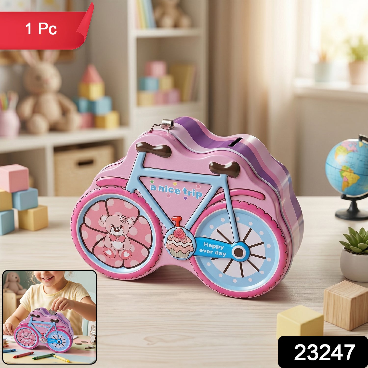 Wukusy bicycle-shaped piggy bank with lock and key, featuring a colorful design for saving coins and promoting financial security.