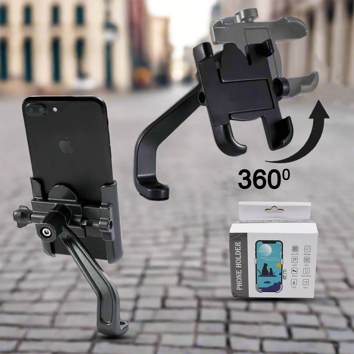 Wukusy full metal body bike scooty mobile holder stand with 360-degree rotation, suitable for all smartphones, bicycle and motorcycle use