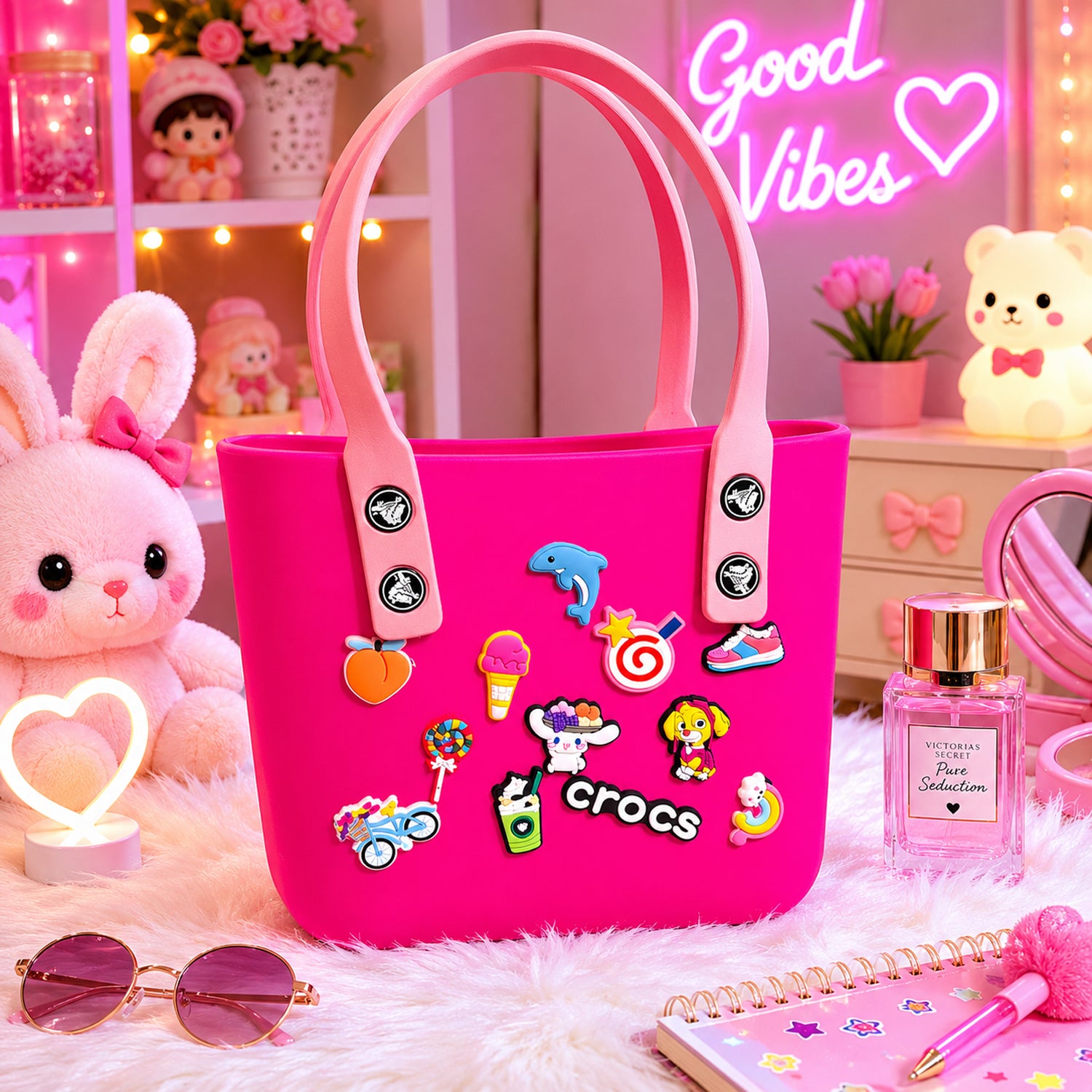 Wukusy Crocs style tote bag for women and girls, casual trendy handbag with a colorful, textured design and sturdy handles.