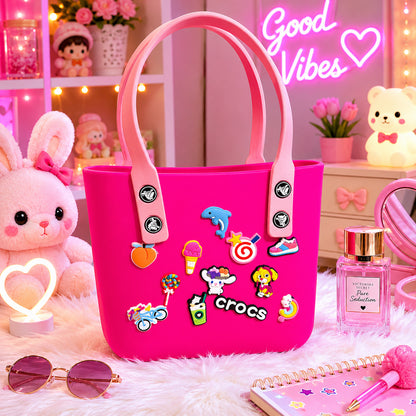 Wukusy Crocs style tote bag for women and girls, casual trendy handbag with a colorful, textured design and sturdy handles.