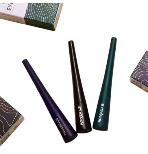 Ekom liquid matte eyeliner set with waterproof, long-lasting formula, featuring black and brown shades on a white background.
