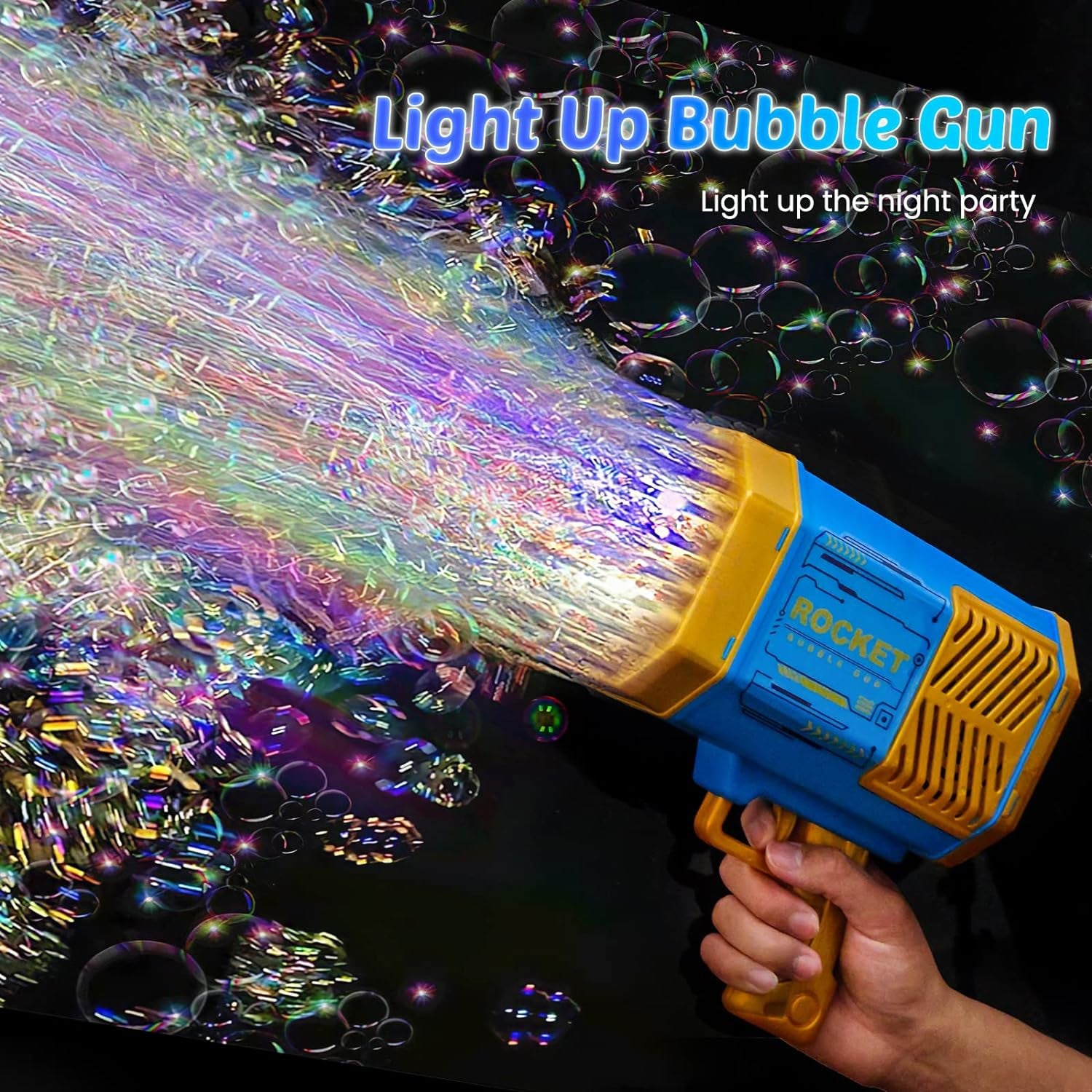 Wukusy 17923 bubble gun toy with 69 holes, rechargeable, large rocket design, ideal for kids and adults, bubble blower fun.
