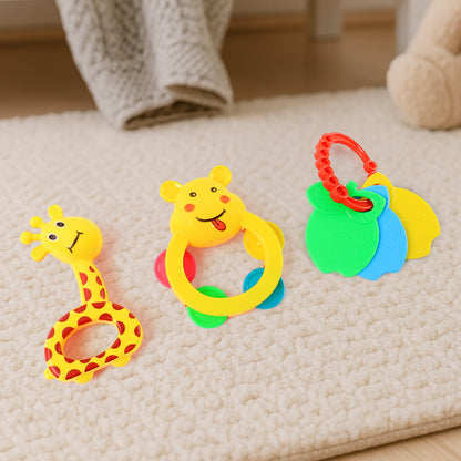 Colorful animal shape baby rattles from Wukusy 3-piece toy set, featuring vibrant, easy-to-hold designs for infants.