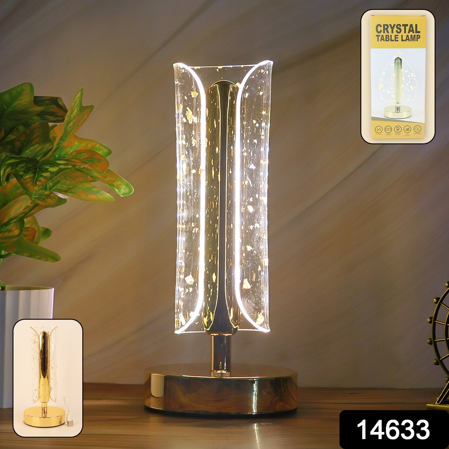 Wukusy crystal table lamp with a clear glass base and a fabric shade, designed for elegant home lighting.