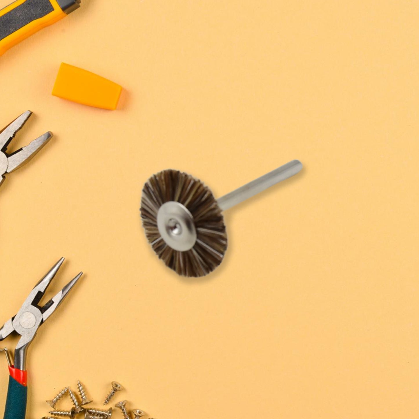 Three brass wire wheels for rust removal, hardware tool by Wukusy, used for cleaning and polishing metal surfaces.