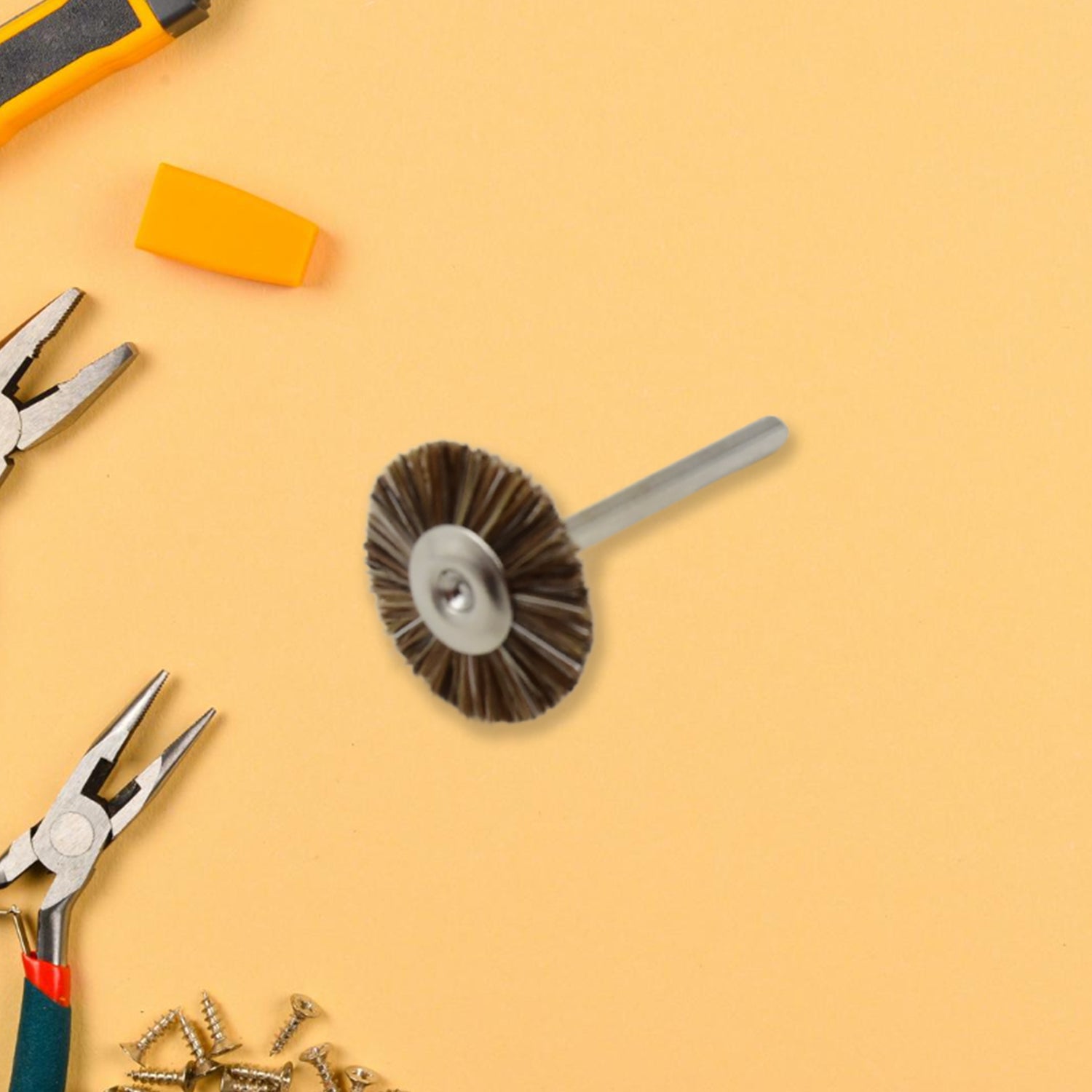 Three brass wire wheels for rust removal, hardware tool by Wukusy, used for cleaning and polishing metal surfaces.