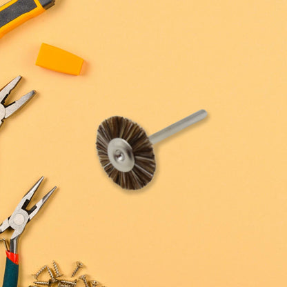 Three brass wire wheels for rust removal, hardware tool by Wukusy, used for cleaning and polishing metal surfaces.