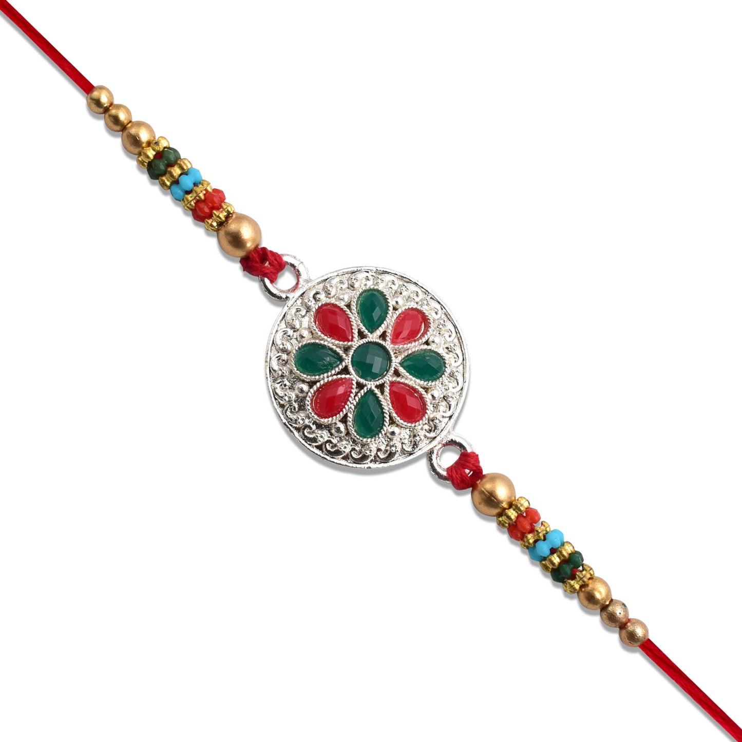Silver plated floral Rakhi with red and green stones, featuring intricate design and elegant craftsmanship by Wukusy.