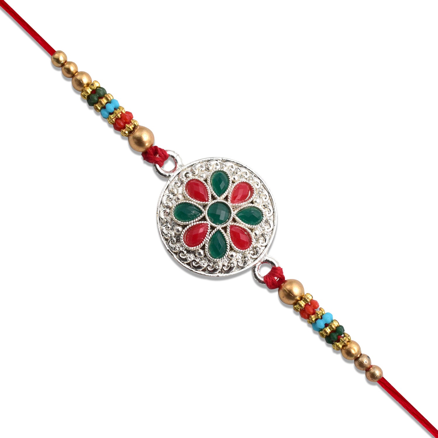 Silver plated floral Rakhi with red and green stones, featuring intricate design and elegant craftsmanship by Wukusy.