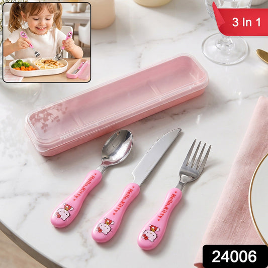 Wukusy 3-in-1 kids cutlery set with case, including spoon, fork, and knife, designed for children’s eating needs.
