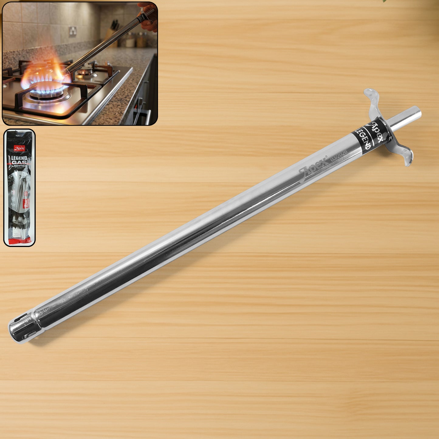 Wukusy long stainless-steel gas stove lighter with 1-foot handle, designed for safe and easy ignition of gas stoves.