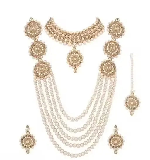 Ekom gold-plated alloy bridal jewelry set with American diamonds, includes necklace, earrings, and bracelet, adjustable for women