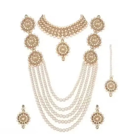 Ekom gold-plated alloy bridal jewelry set with American diamonds, includes necklace, earrings, and bracelet, adjustable for women
