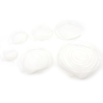 Six reusable stretchable food covers in assorted sizes from Wukusy, made of flexible, breathable material for food preservation.