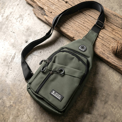 Wukusy durable waist bag with zipper, crossbody sling style, featuring multiple compartments and adjustable strap.