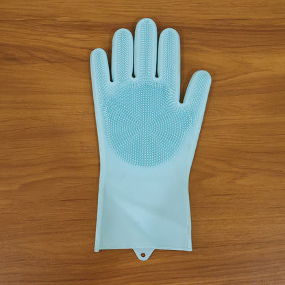 Wukusy multipurpose silicone dishwashing glove with scrubber brush, flexible and durable for cleaning dishes and kitchen surfaces.