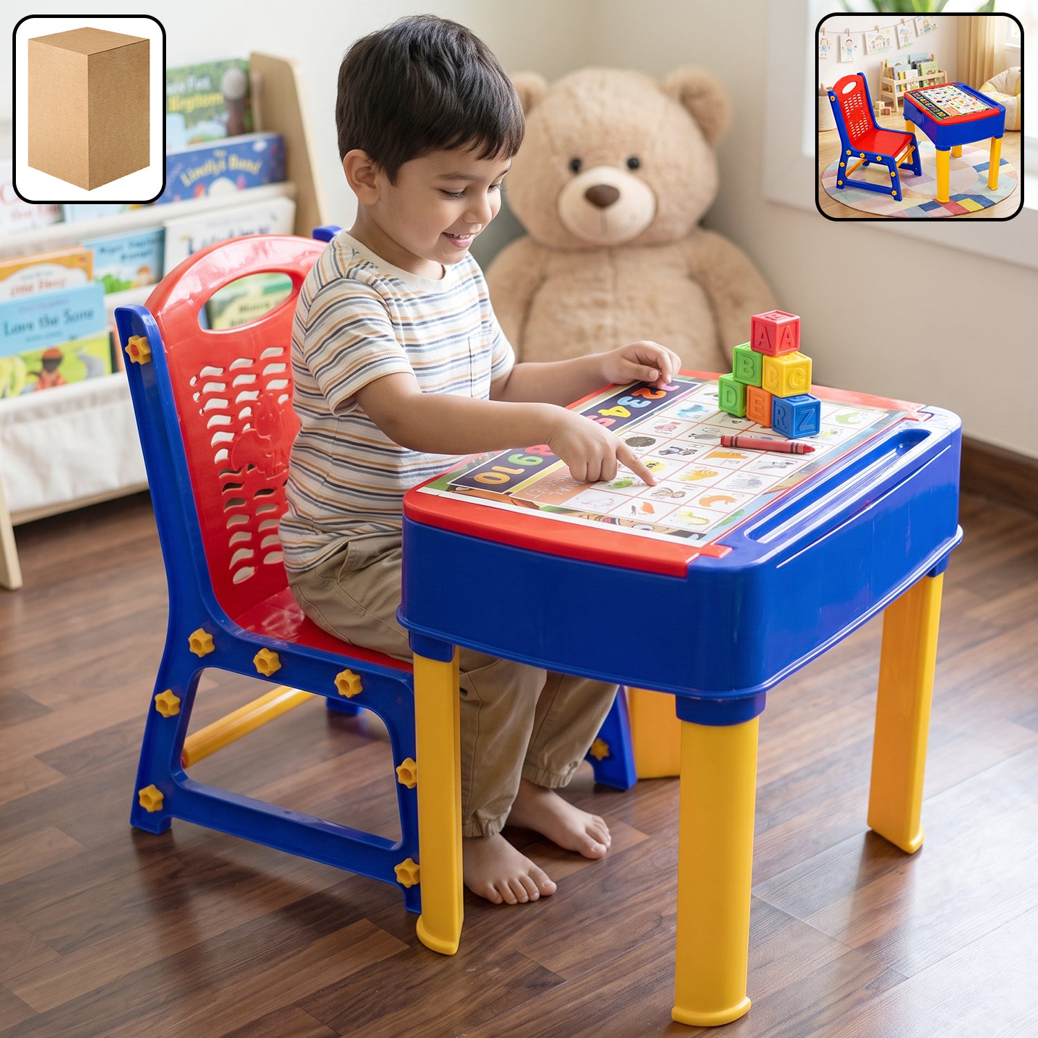 Wukusy 2-in-1 plastic kids study table and chair set with learning board, featuring a colorful table and matching chair for children