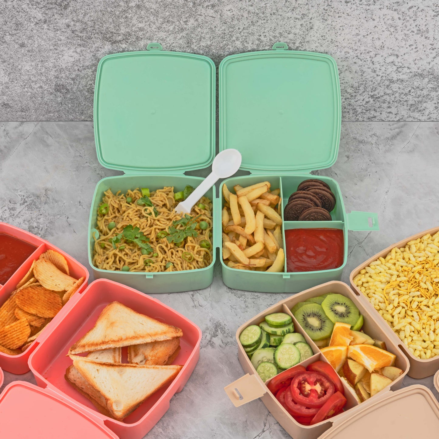 Wukusy double-layer square plastic lunch box with four compartments, push lock, spoon, suitable for travel, school, office, and home.