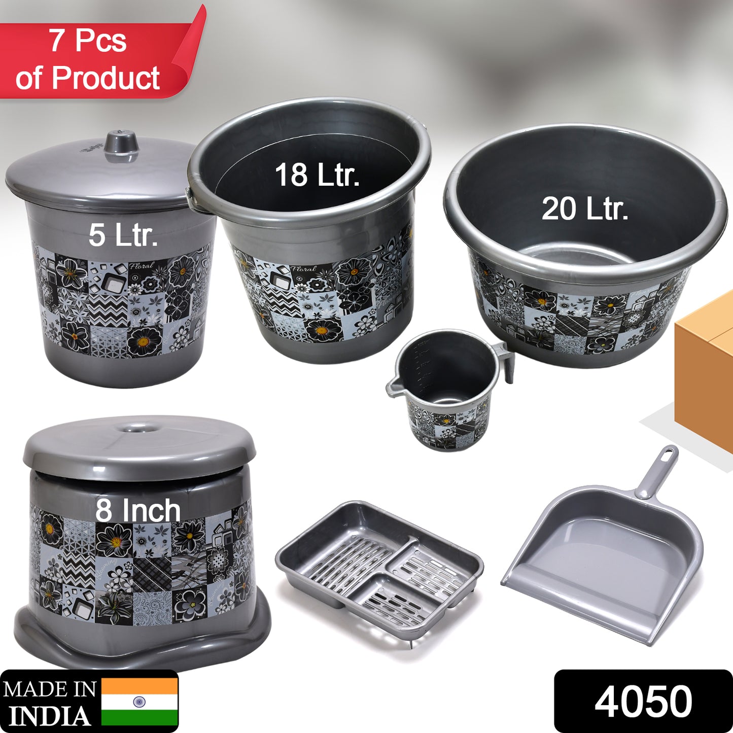 Wukusy large capacity plastic bathroom set of 7 pieces including tub, bucket, dustbin, mug, soap case, dustpan, and stool
