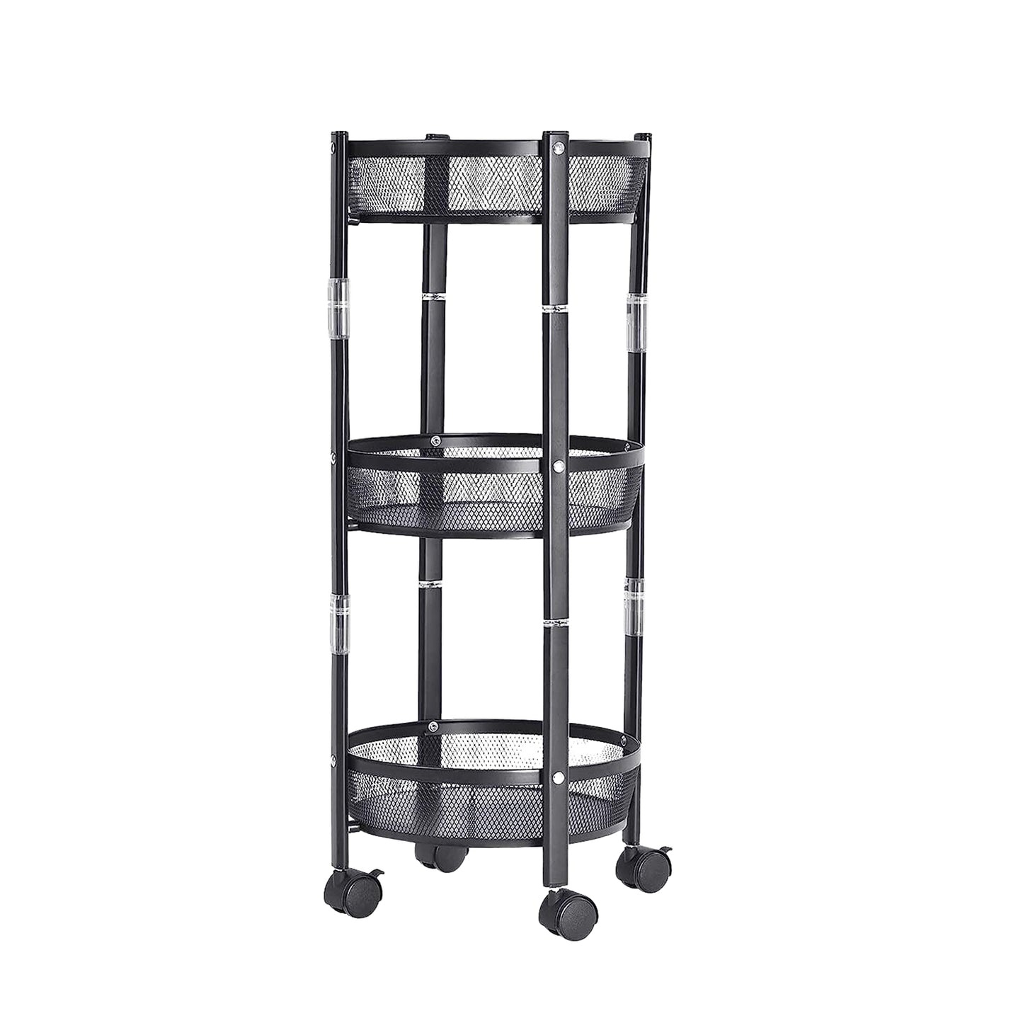 Wukusy 3-layer round metal mesh utility storage trolley with wheels, ideal for home improvement and organizing tools or supplies.