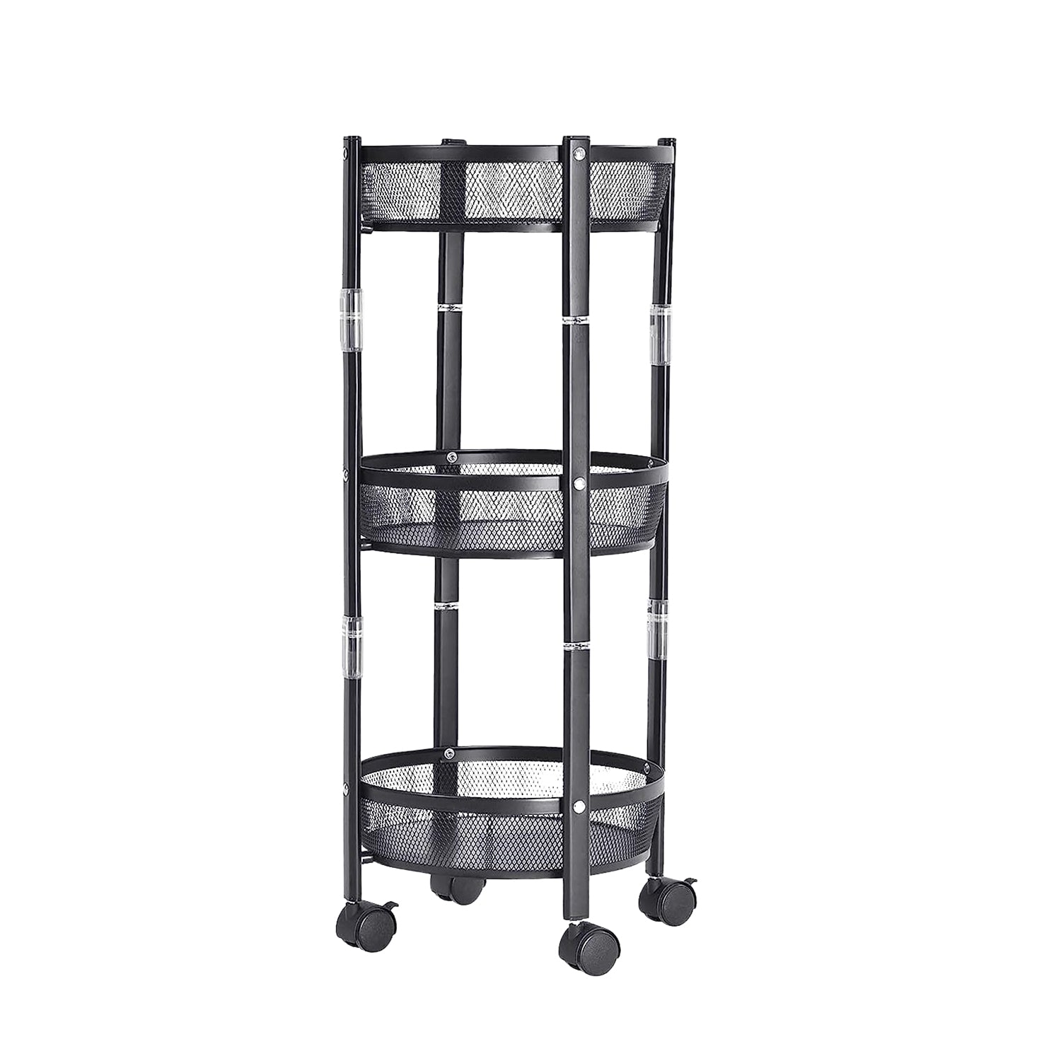 Wukusy 3-layer round metal mesh utility storage trolley with wheels, ideal for home improvement and organizing tools or supplies.