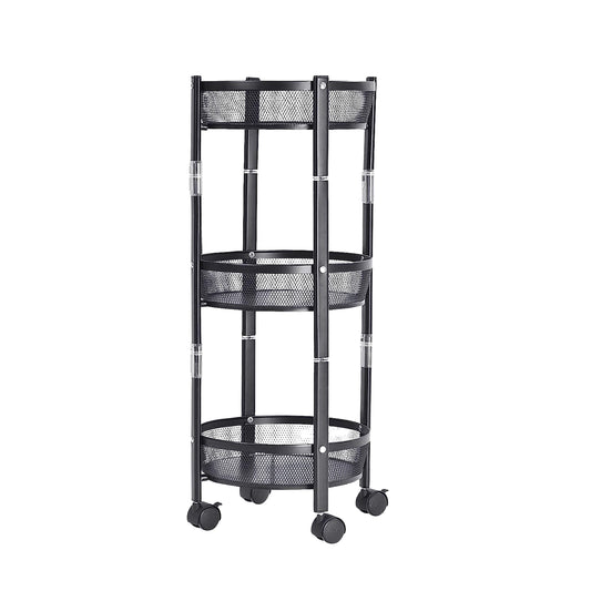 Wukusy 3-layer round metal mesh utility storage trolley with wheels, ideal for home improvement and organizing tools or supplies.