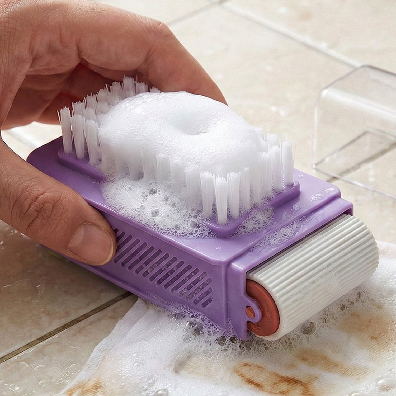 Wukusy multi-functional cleaning brush with roller and scrubber for versatile kitchen and bathroom cleaning tasks
