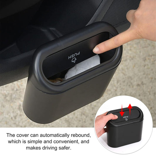 Wukusy plastic mini car trash can with lid, compact waste bin designed for vehicle use, shown in brown box packaging.