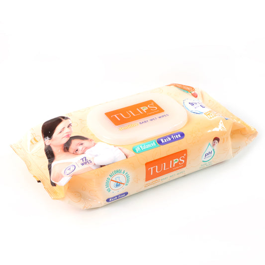 Wukusy Tulips Sensitive Baby Wet Wipes set with soft, gentle wipes for baby care in a colorful package.