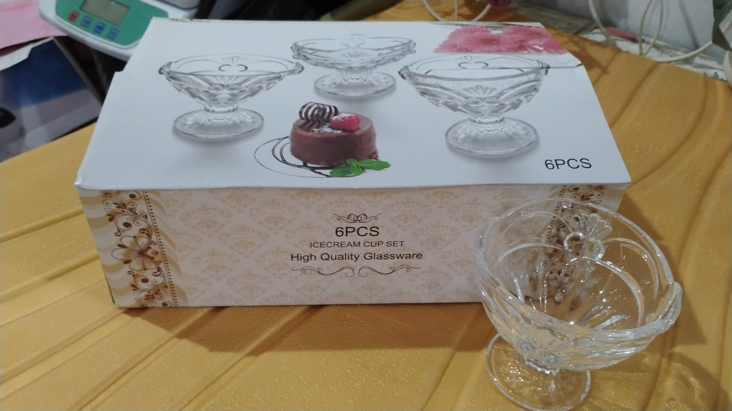 Set of six Wukusy glass ice-cream cups for serving desserts or snacks in home kitchen. Clear, elegant dessert cups.
